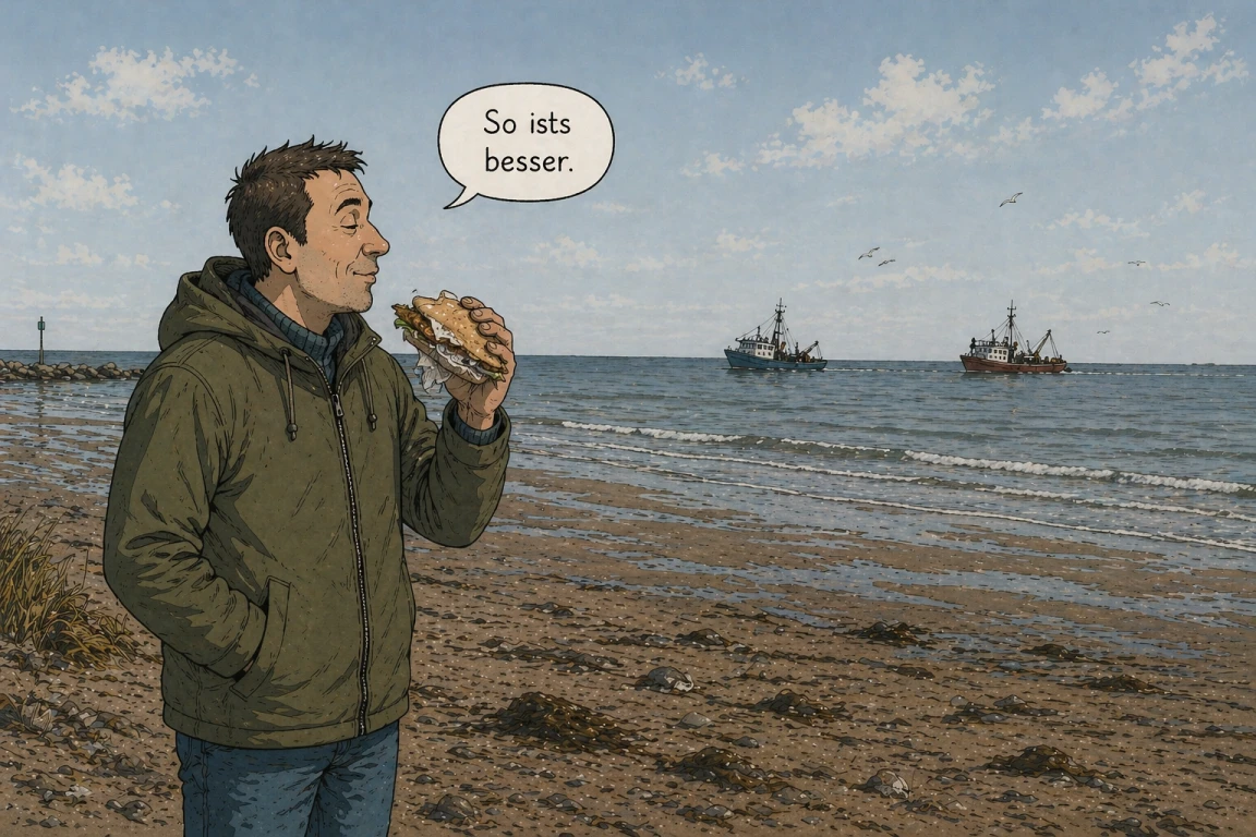 Ein Mann steht ruhig am Strand, isst eine Fischsemmel und sagt: So ists besser.