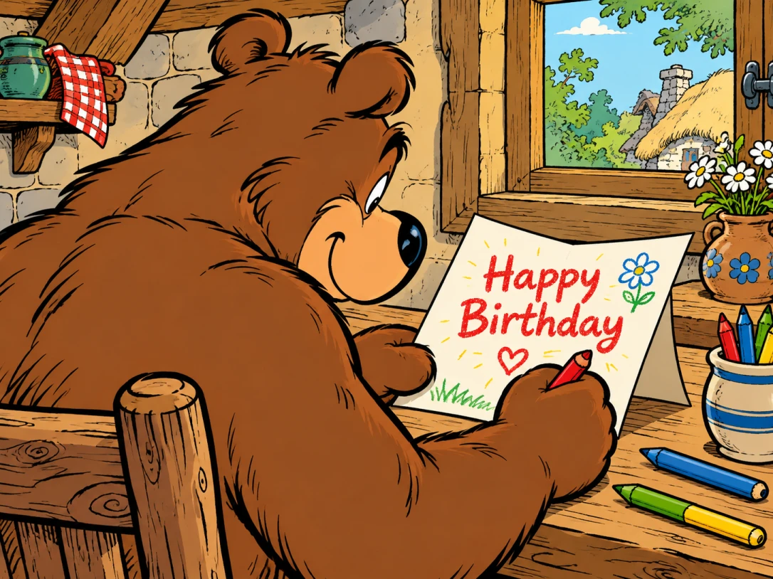Ein Bär sitzt an einem Holztisch und schreibt mit rotem Stift 'Happy Birthday' auf eine Karte. Daneben malt er ein Herz und eine kleine Blume.