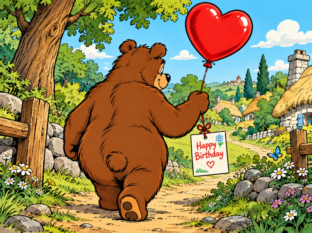 Der Bär läuft einen sonnigen Weg durch eine ländliche Landschaft hinab. In seiner Hand hält er einen roten Herzballon, an dessen Schnur die Geburtstagskarte befestigt ist.