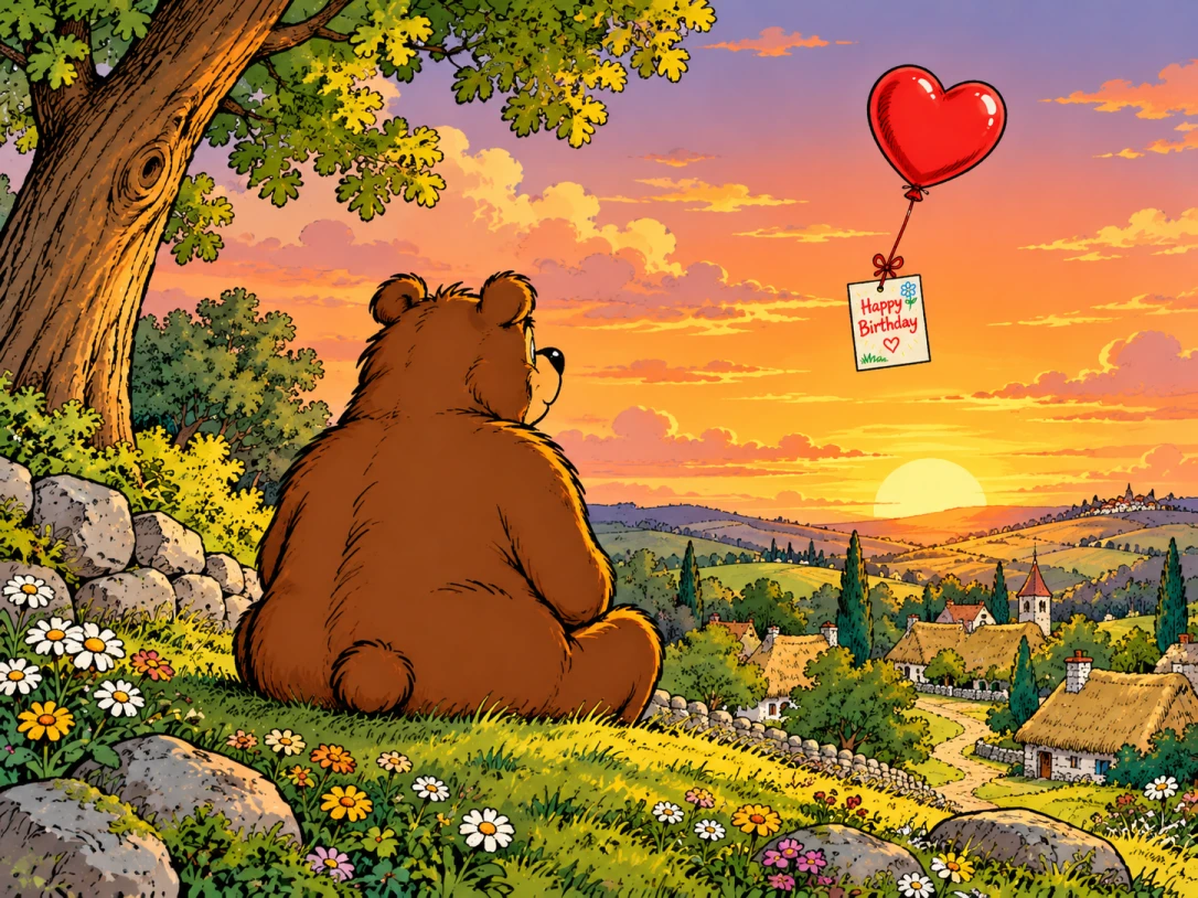 Im warmen Licht des Sonnenuntergangs sitzt der Bär allein auf einem Hügel. Vor ihm schwebt der Herzballon mit der Karte davon und wird langsam kleiner.