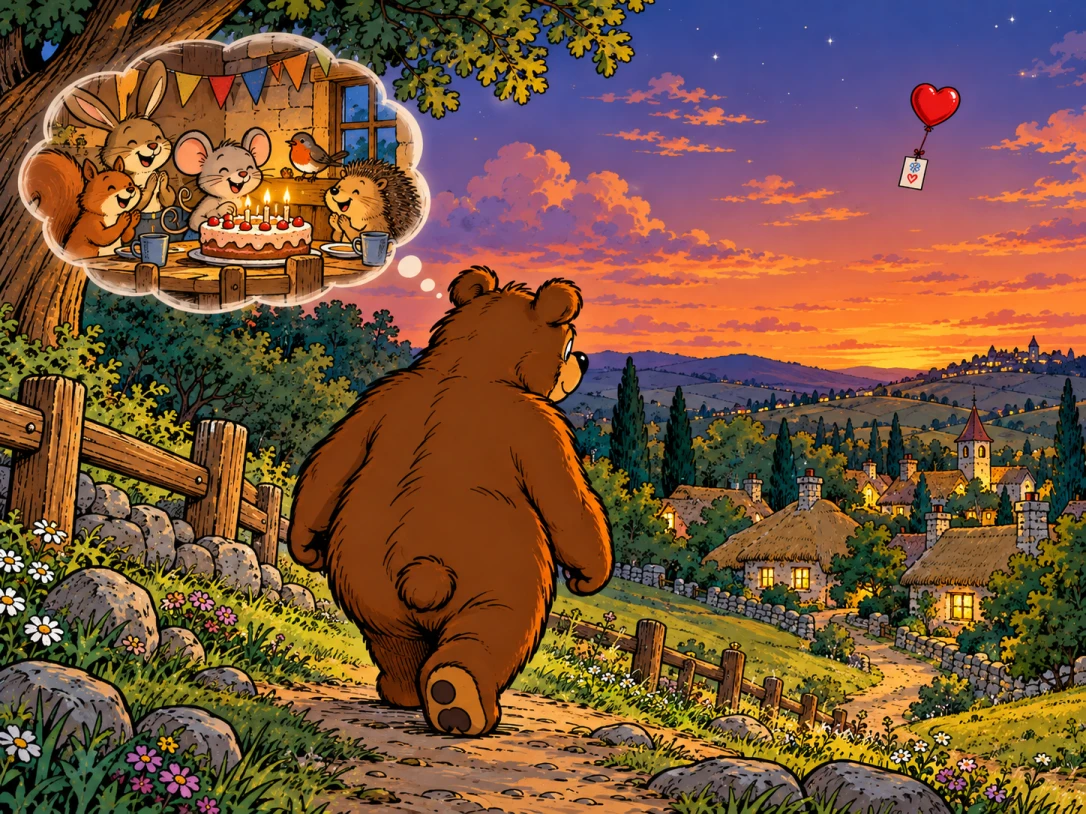 Es ist bereits Abend geworden. Der Bär läuft den Hügel hinunter, während der rote Herzballon nur noch klein am dunkler werdenden Himmel zu sehen ist. In einer dezenten Gedankenblase sieht er eine Maus, die im Kreis anderer Tiere ihre Geburtstagstorte anschneidet.