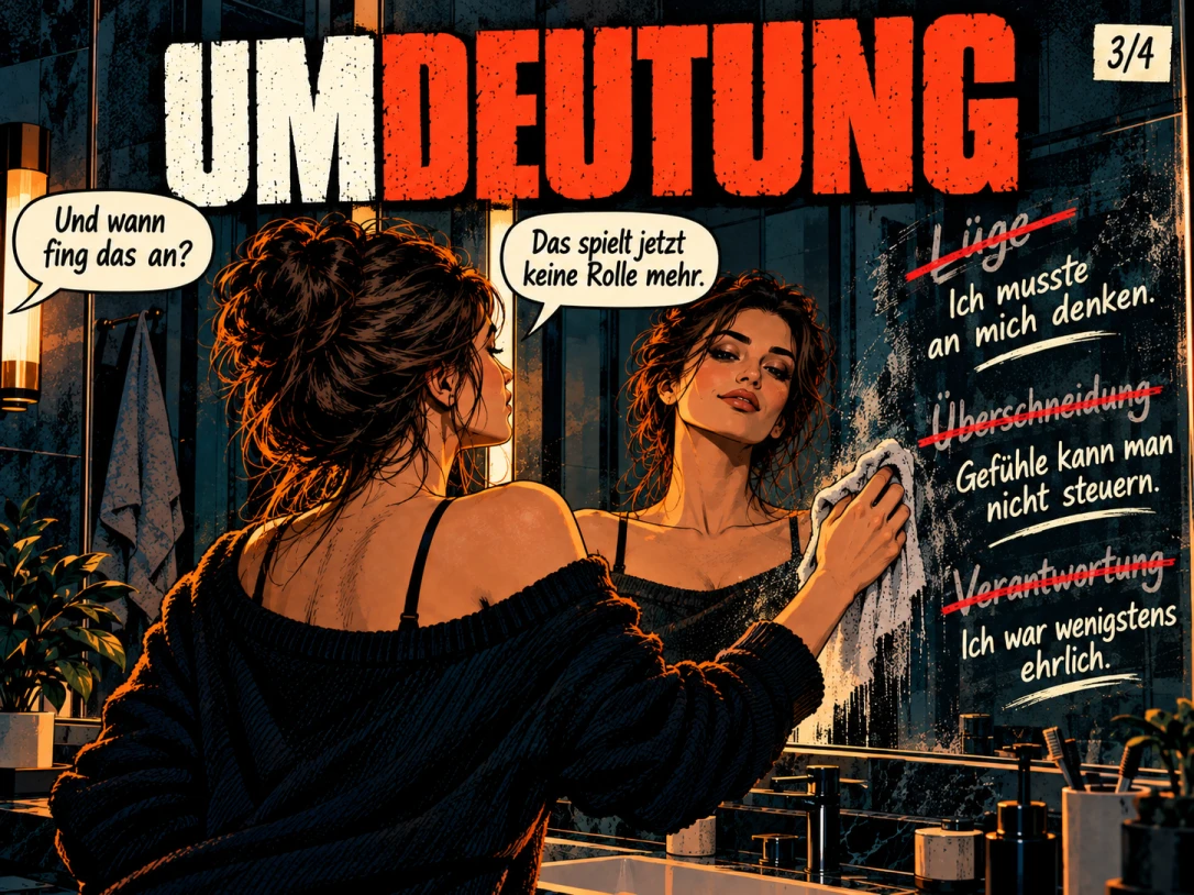 Eine Frau steht vor einem Spiegel und wischt Begriffe wie 'Lüge', 'Überschneidung' und 'Verantwortung' weg. An ihre Stelle schreibt sie Rechtfertigungen wie 'Ich musste an mich denken', 'Gefühle kann man nicht steuern' und 'Ich war wenigstens ehrlich'. Auf die Frage 'Und wann fing das an?' antwortet sie: 'Das spielt jetzt keine Rolle mehr.'