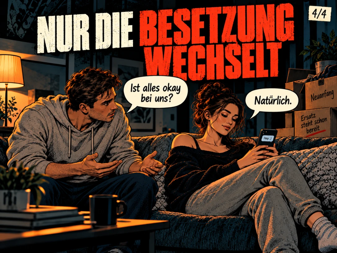 Die gleiche Frau sitzt wieder auf einem Sofa, diesmal neben einem anderen Mann. Er fragt: 'Ist alles okay bei uns?', sie antwortet mit Blick auf ihr Handy: 'Natürlich.' Auf dem Display steht bereits 'Hey :)', während im Hintergrund Kartons mit den Aufschriften 'Neuanfang' und 'Ersatz steht schon bereit' zu sehen sind.